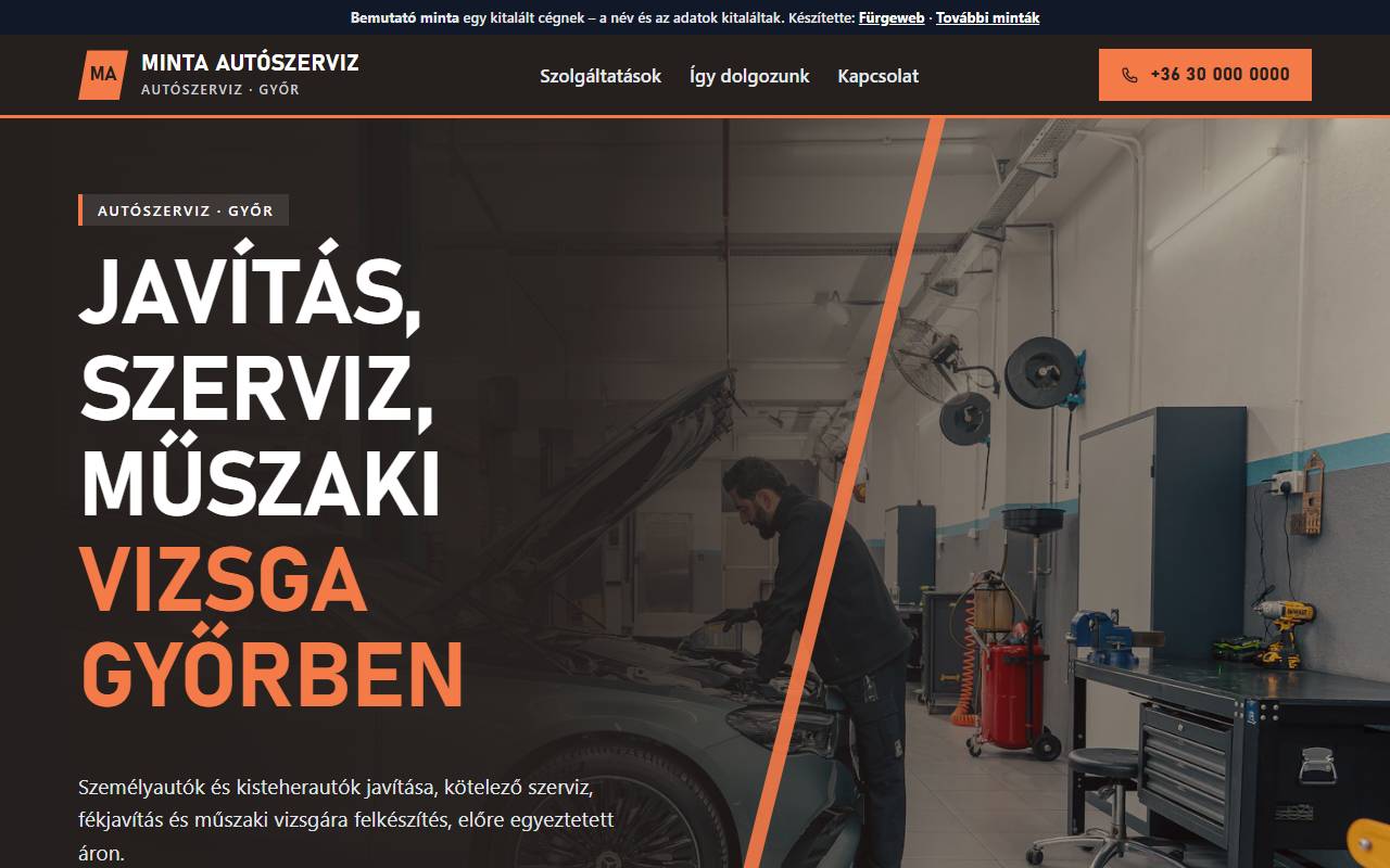 A Minta Autószerviz bemutató minta asztali nézete