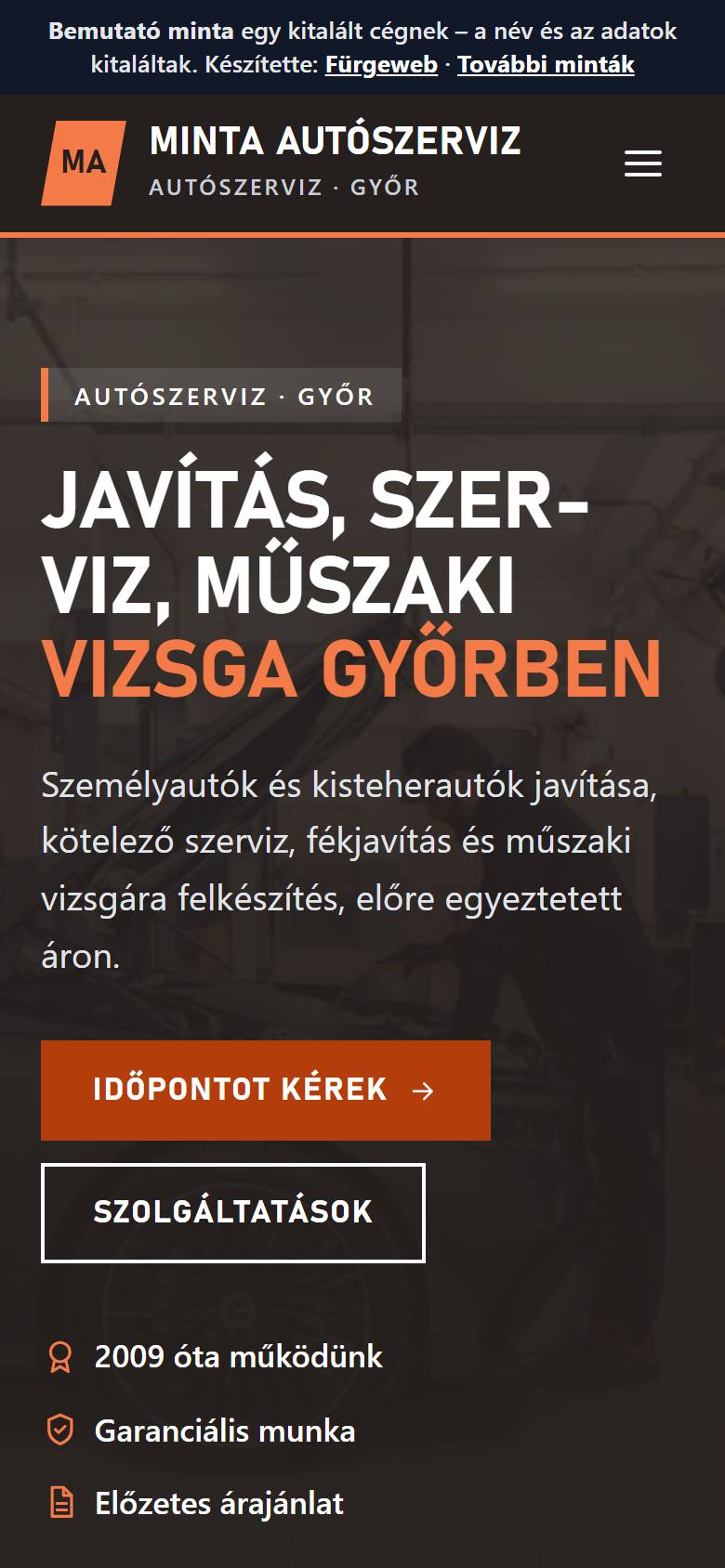 A Minta Autószerviz bemutató minta telefonos nézete