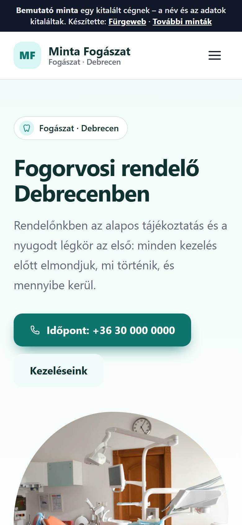 A Minta Fogászat bemutató minta telefonos nézete