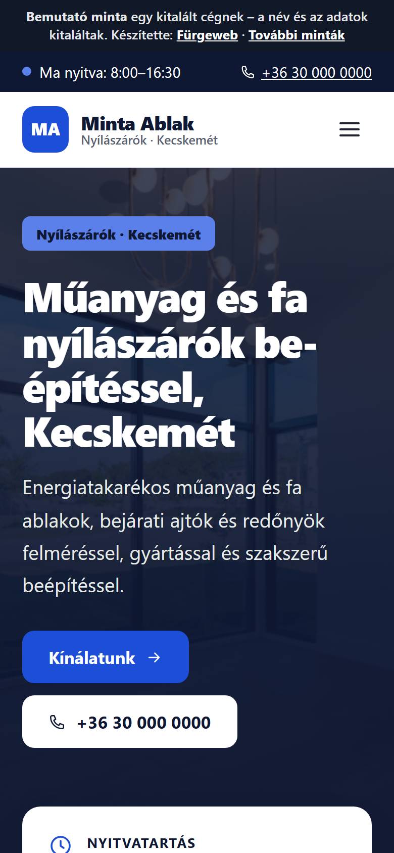 A Minta Ablak bemutató minta telefonos nézete