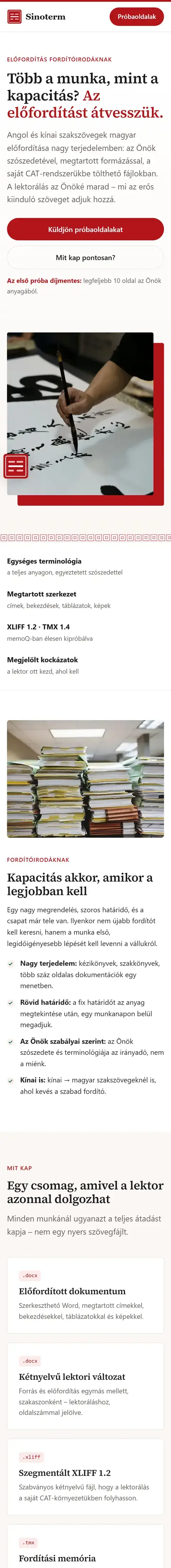 A sinoterm.hu weboldal telefonos nézete, lassan lefelé gördülve.